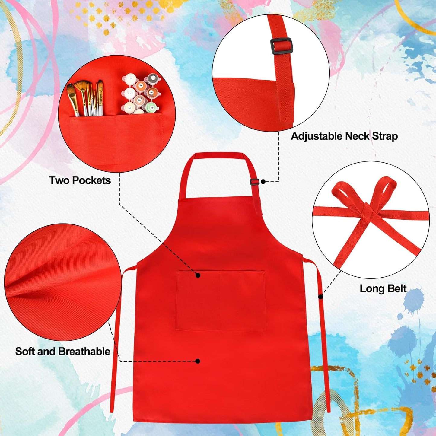 PLULON 6 Pcs Kids Apron Set Adjustable Children Art Apron with 2 Pockets Artist Apron Bulk for Baking Painting Cooking Activity - 6 Colors