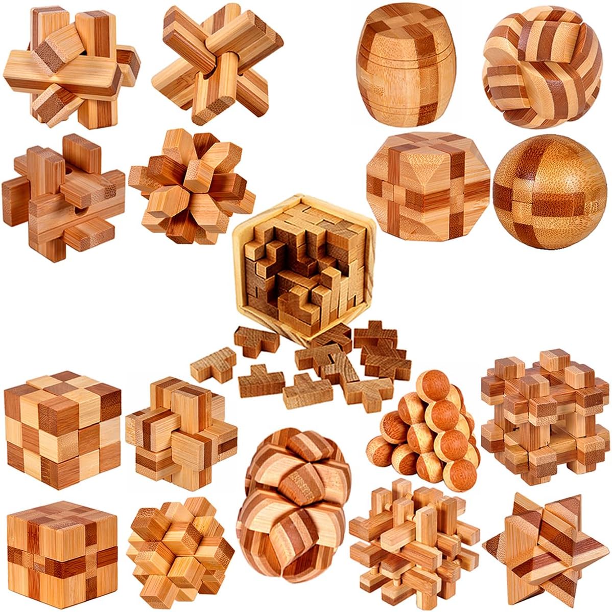 18 Pack Wooden Brain Teaser Puzzles Stress Relief Toys Wooden Burr Puzzles Brain Teaser Puzzle with Gift Packing Box Magic Puzzle Games Toy for Kids and Adults by AHYUAN (Bamboo)