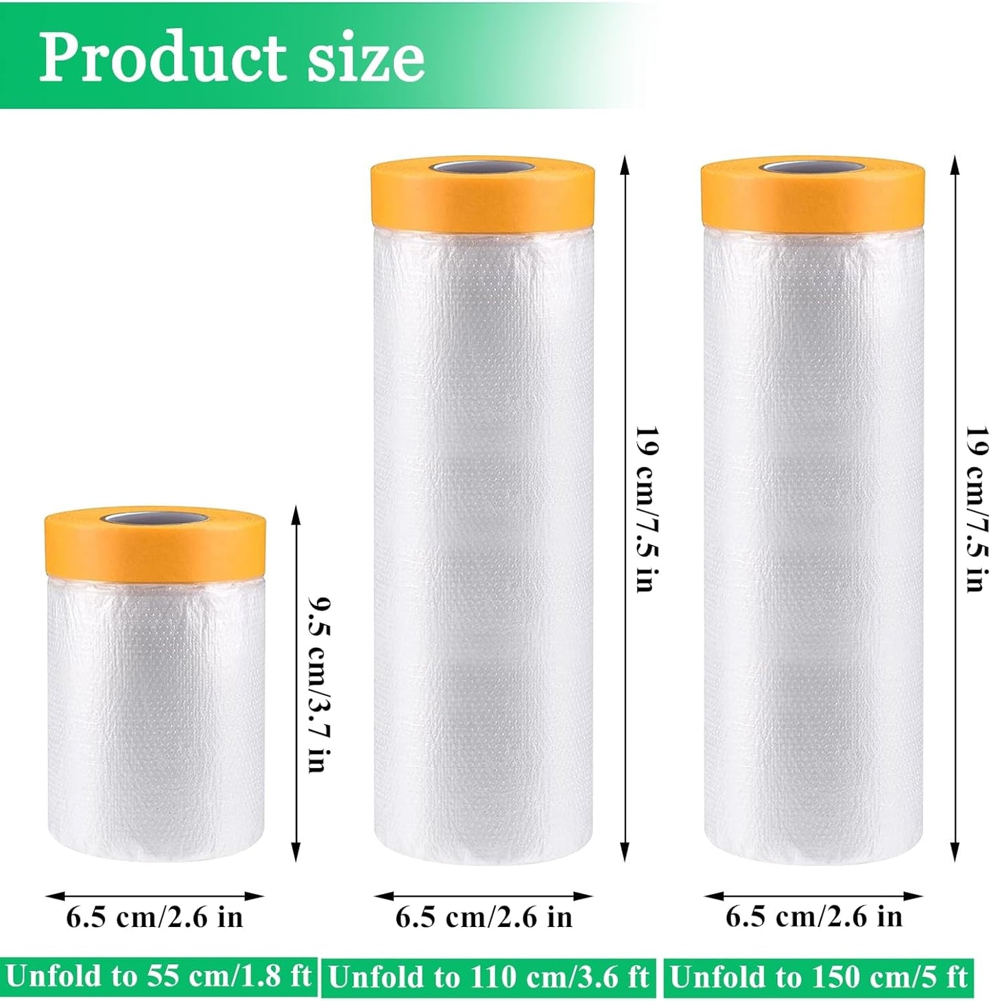 3 Pack Tape and Drape, 5x65.6 Ft Pre-Taped Masking Film for Auto Painting Covering, Plastic Pre-Adhesived Dust Paint Protective Drop Film for Furniture, Car, Floor