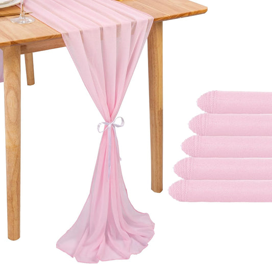 5 Packs 10ft Blushing Pink Chiffon Table Runner 30 x 120 Inches Romantic Sheer Table Decorations Long Tulle Runner for Wedding Bridal Shower Party Supplies Decor
