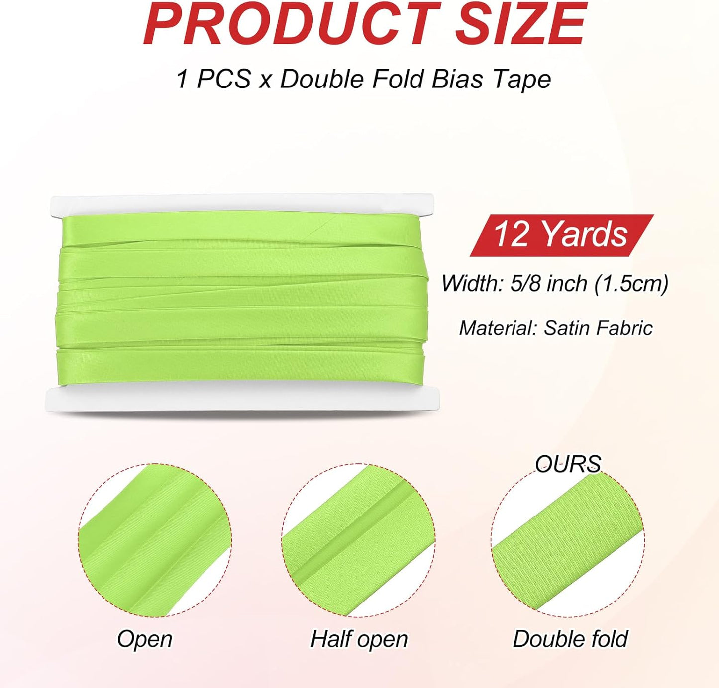 MECCANIXITY Double Fold Bias Tape for Sewing 5/8 Inch x 12 Yards Satin Pre-fold Continuous Binding Tape for Seaming Quilting Hemming Binding DIY Crafts, Green