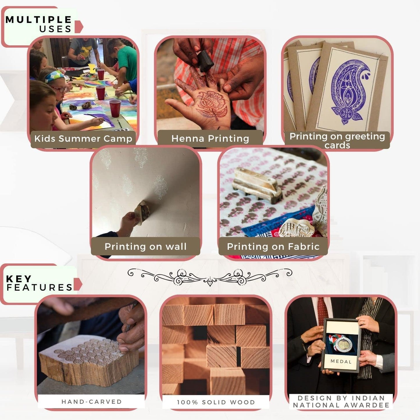 Wooden Block Stamp for Block Printing - Elephant Design Wooden Print Stamp Set of 5, Handcarved Indian Wood Stamps for Crafting on Fabric, Clay & Henna Tattoo HASHCART®