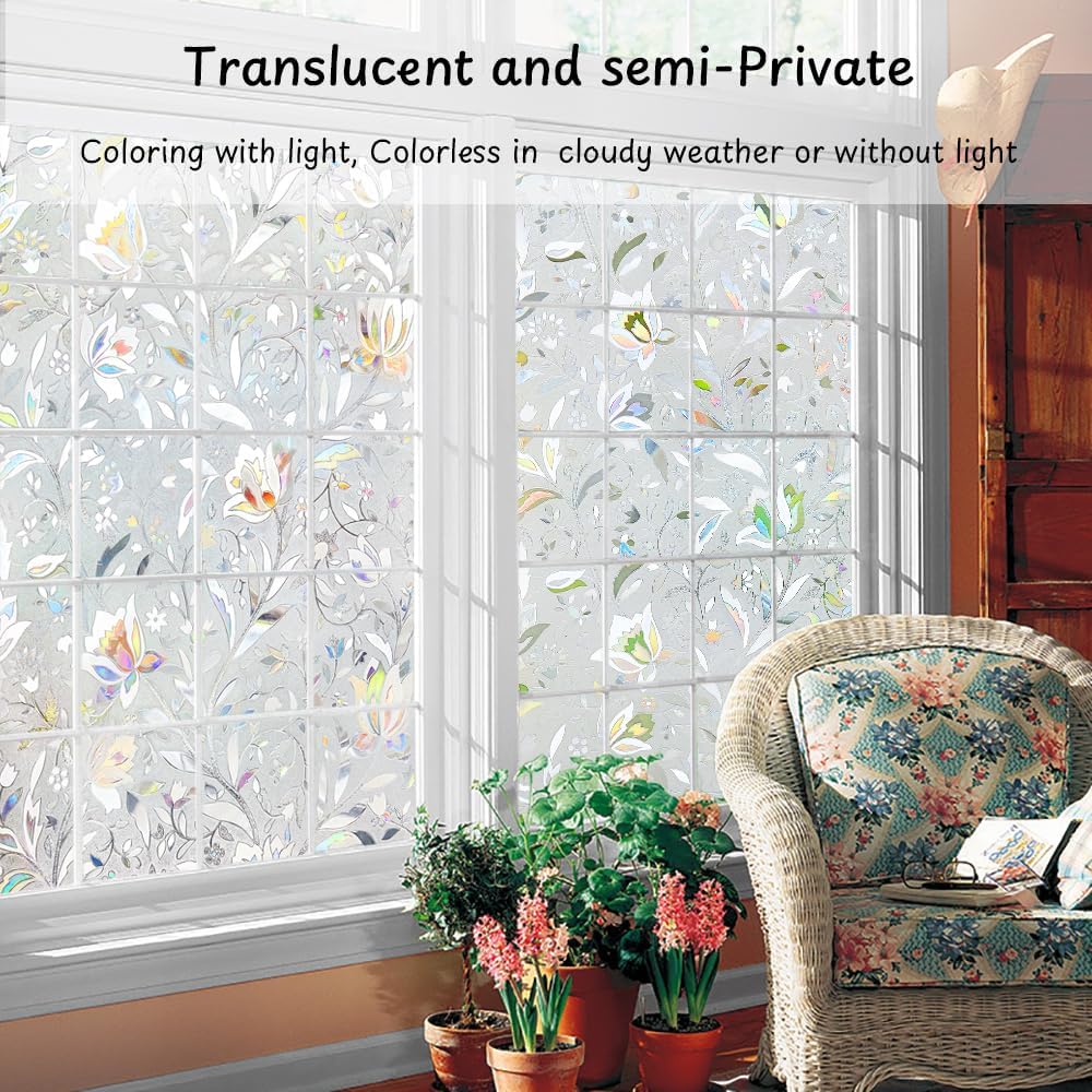 NINETREX Window Privacy Film,3D Stained Glass Window Film,Decorative Window Covering Sun Blocking Vinyl Static Cling Anti-UV Heat Control for Home Decor,Tulip 29.5 x 78.7inch