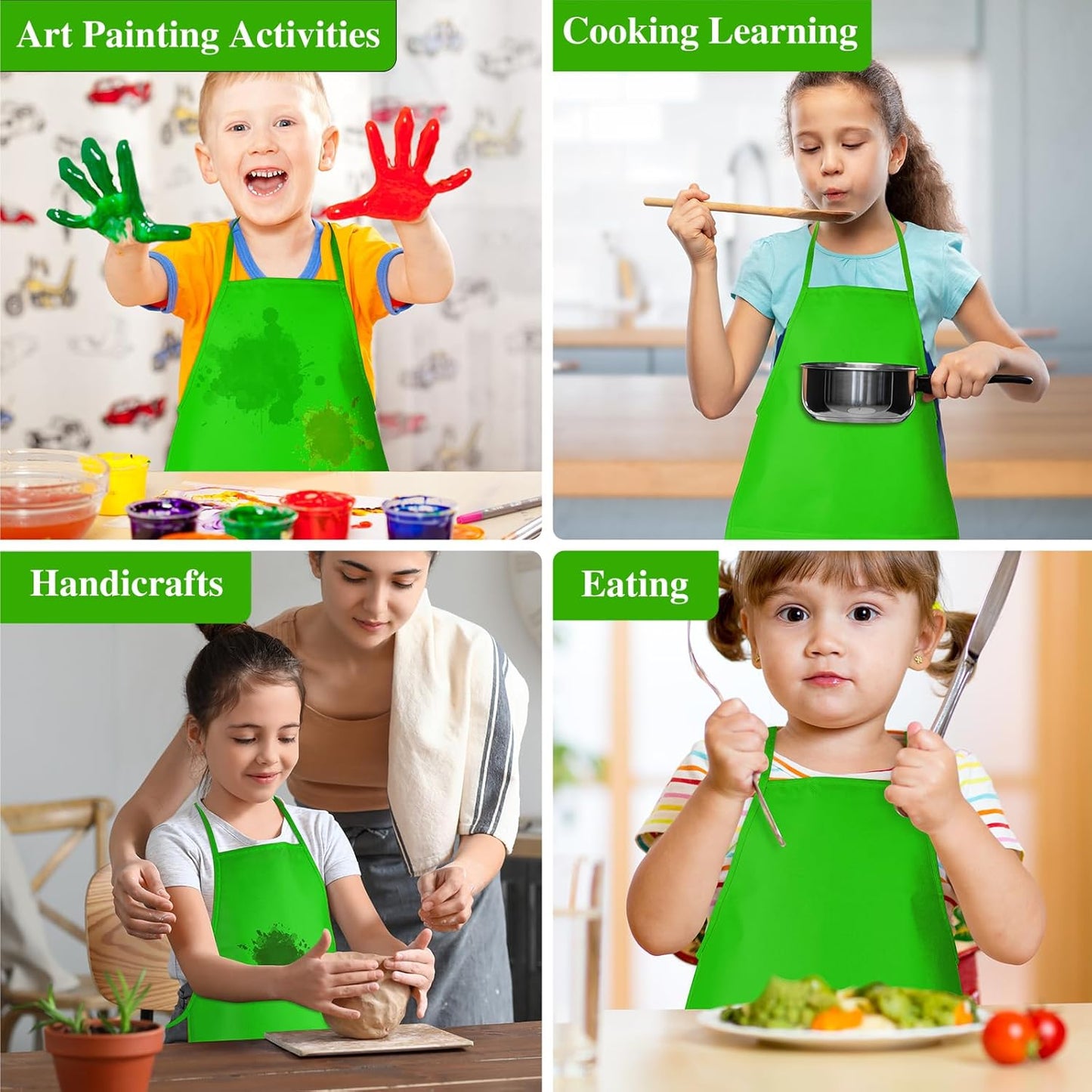 12 Pieces Green Kids Painting Aprons With 2 Roomy Pockets for Art, Activity, Kitchen, and Crafts