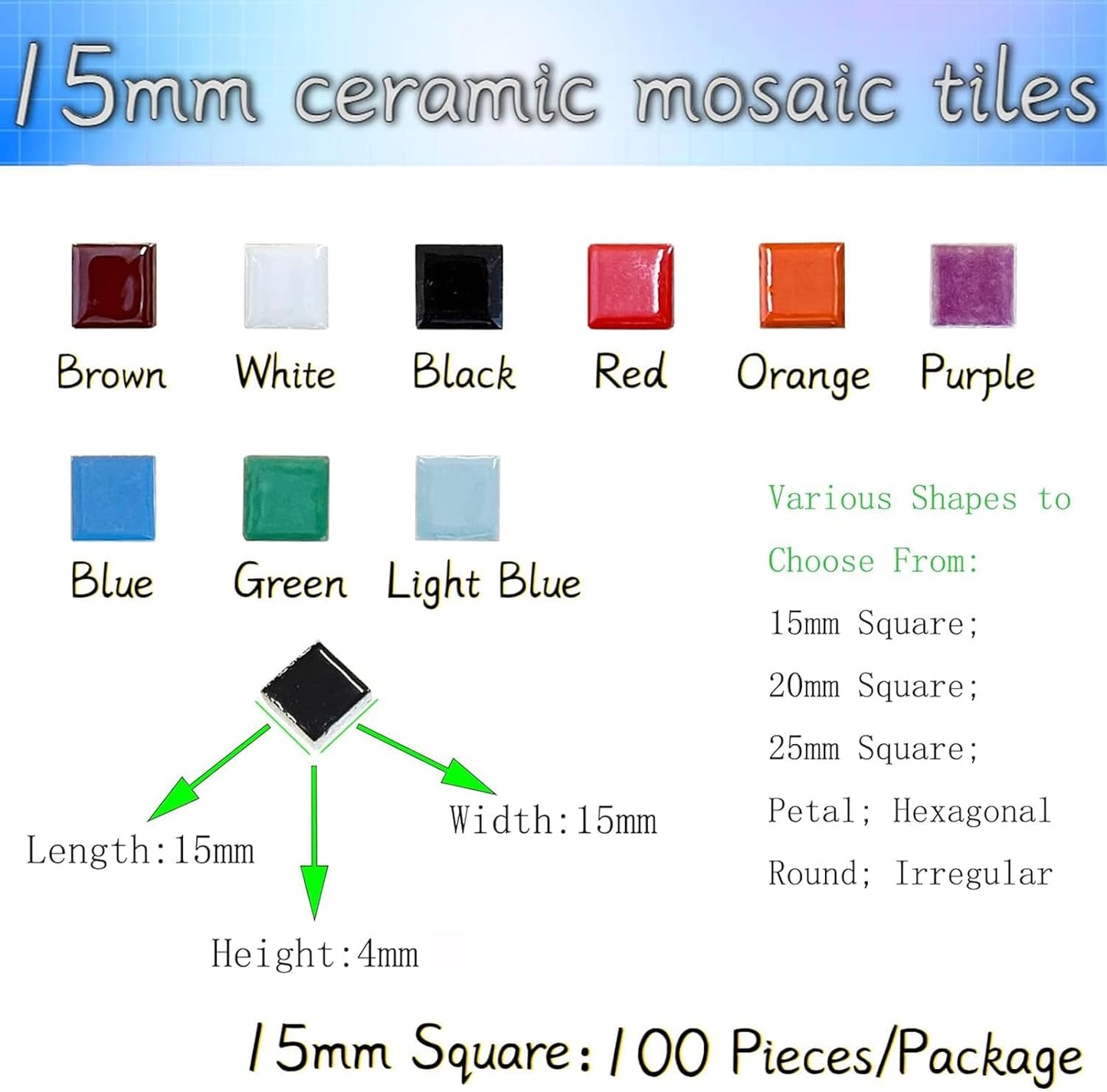 100 Pieces Ceramic Mosaic Tiles 3/5" Square Shapes Mosaic Ceramic Pieces Stained Ceramic Tiles Supplies for Crafts Beginner Mosaic Project Stepping Stones Mosaic Birdhouse Decor - Black
