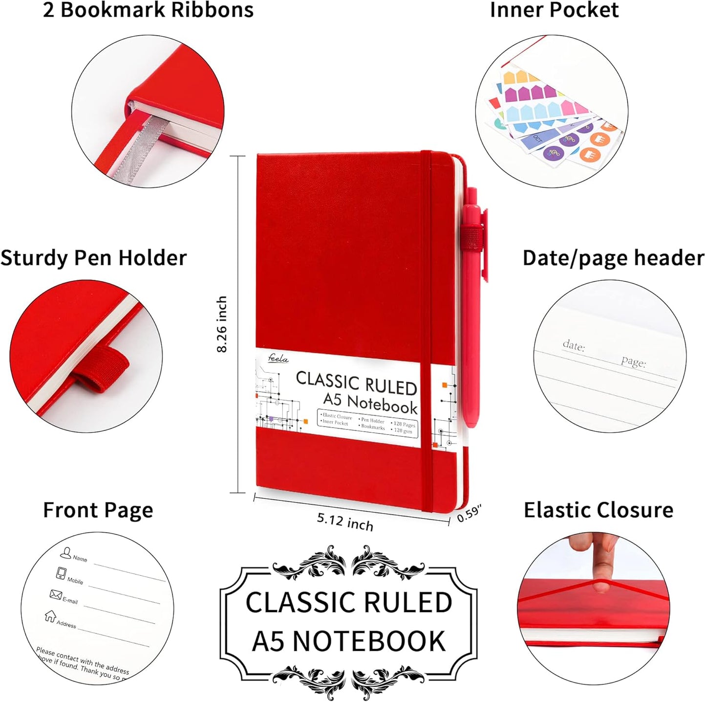 feela 24 Pack Journal Notebook for Work, Business Notebook Bulk Hardcover Lined Writing Journal with Pen Holder for Men Women Note Taking, with 24 Black Pens, 120 GSM, 5.1”x8.3”, A5, Red