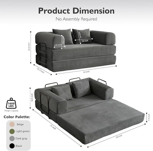 59in Convertible Sofa Bed, Corduroy Boneless Couch Bed, Futon Sleeper Sofa Pull - Image 2