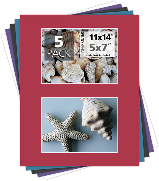 Mat Board Center, Pack of 5, Photo Picture Mats - Acid Free, 4-Ply Thickness, White Core - for Pictures, Photos, Framing (11x14 for 2-5x7 Mixed Color)