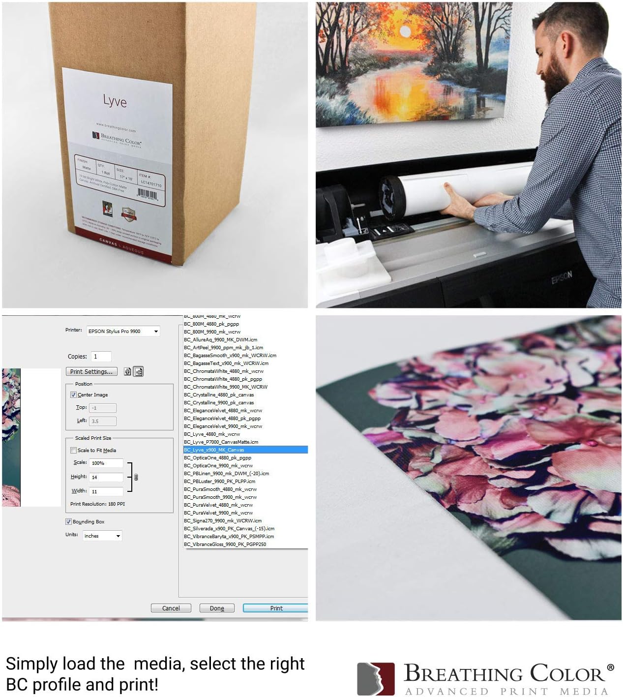 Premium Lyve Matte Canvas Paper Perfect For Use on Professional Makes and Models of Epson, Canon and HP printers preferred by Professionals. 19 mil textured Canvas offered in a 54 inch by 40 ft roll