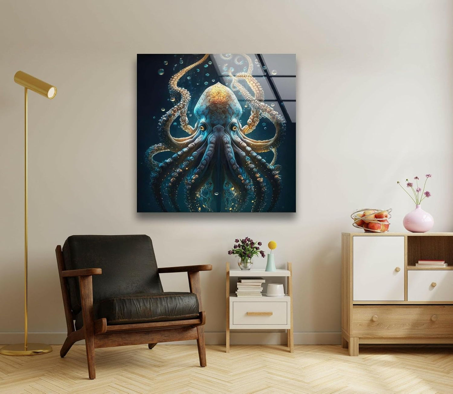 My Photostation.com 32Wx48H'' Underwater Blue Octopus Glass Wall Art Tempered Glass Printing Wall Decor Large Wall Art Wall Hangings