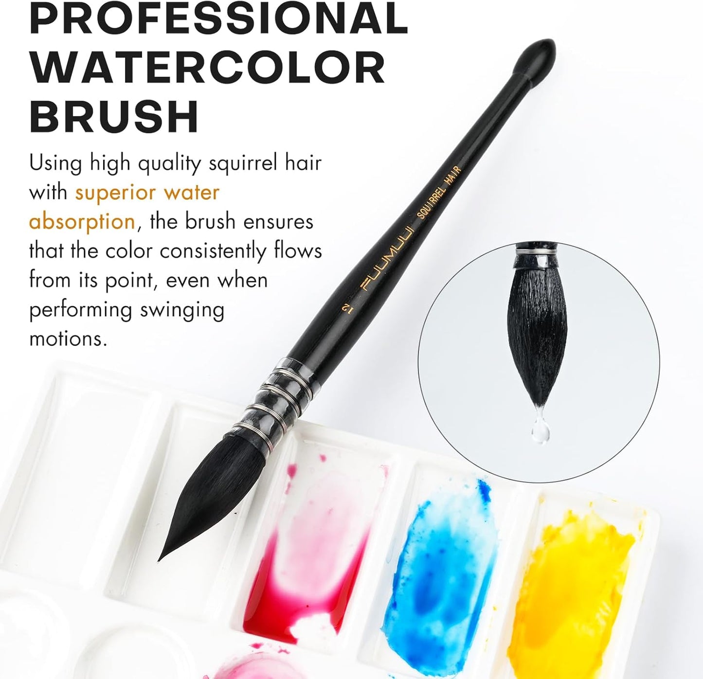 3PCS Squirrel Hair Watercolor Brushes, Fuumuui Professional Mop Round Quill Detail Fine Tip Watercolor Paint Brush Set for Water Color Gouache Ink Painting - Sizes #2, 6, 12