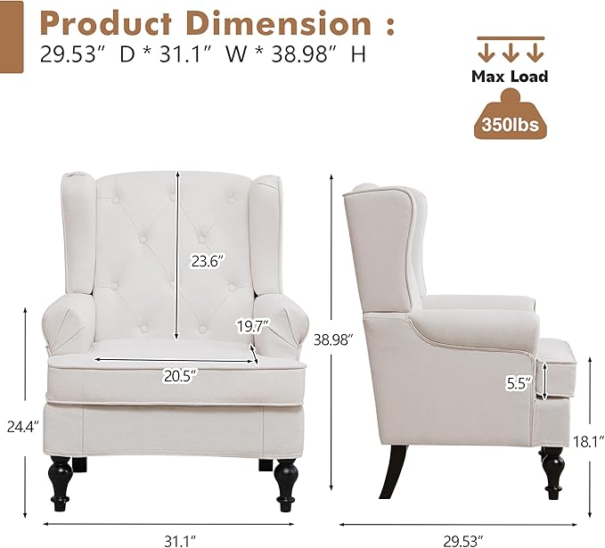 Accent Chair for Living Room, Mid Century Modern Upholstered Armchair, Wingback - Image 2