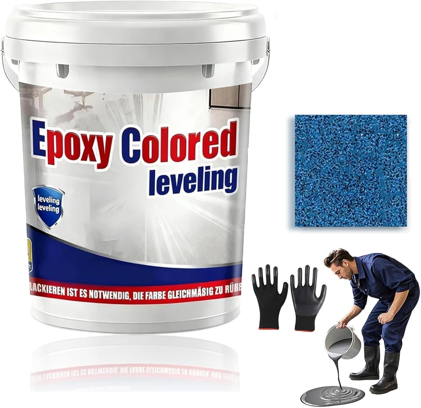 Epoxy Floor Paint, Epoxy Colored Sand Floor Paint, High-Gloss Marble Effect Self-Leveling Coating, Waterproof, Non-Slip, Ultra-Durable for Garage, Basement, Wood Floors (Azurite Blue,44 lb)