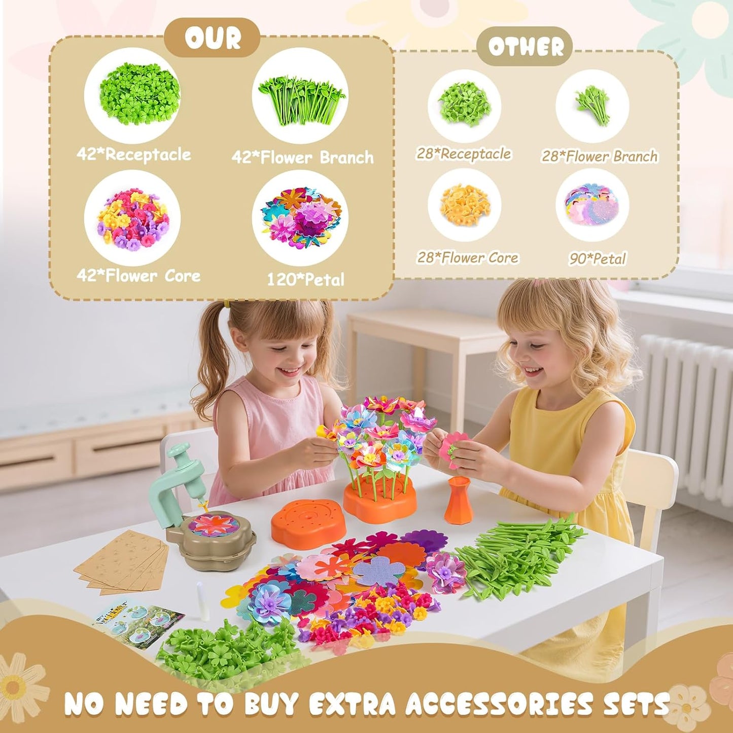 Scvcid DIY Art Flower Toys Include Extra Accessories Set, Arts and Crafts Activity Kit for Kids Ages 3-12, Fabric Bouquet Craft for Toddler, Birthday Gifts for 3 4 5 6 7 8 9 10 11 12 Year Old Girls