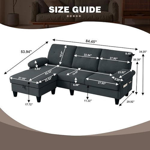 84" Convertible Sectional Sofa, Deep 3-Seater L Shaped Sectional Couch - Image 2