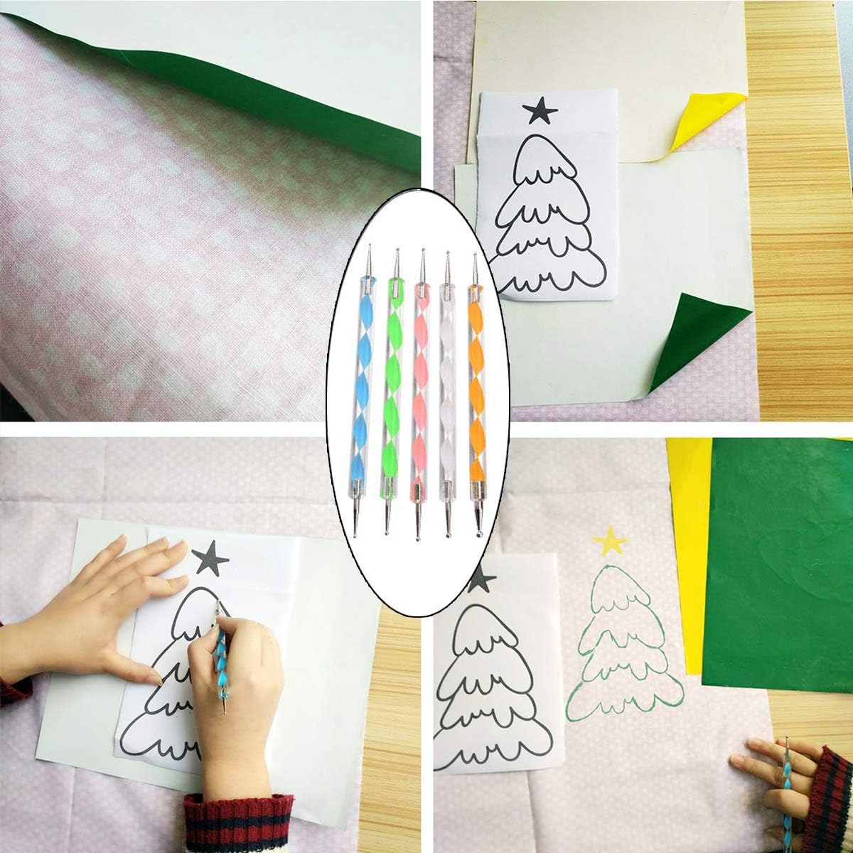 60 Sheets Carbon Transfer Paper,Tracing Paper Carbon Graphite Copy Paper with 5 Pieces Embossing Styluses Stylus Dotting Tools for Wood,Paper,Canvas and Other Art Surfaces 8.3 x 11.7 inches(6 Colors)