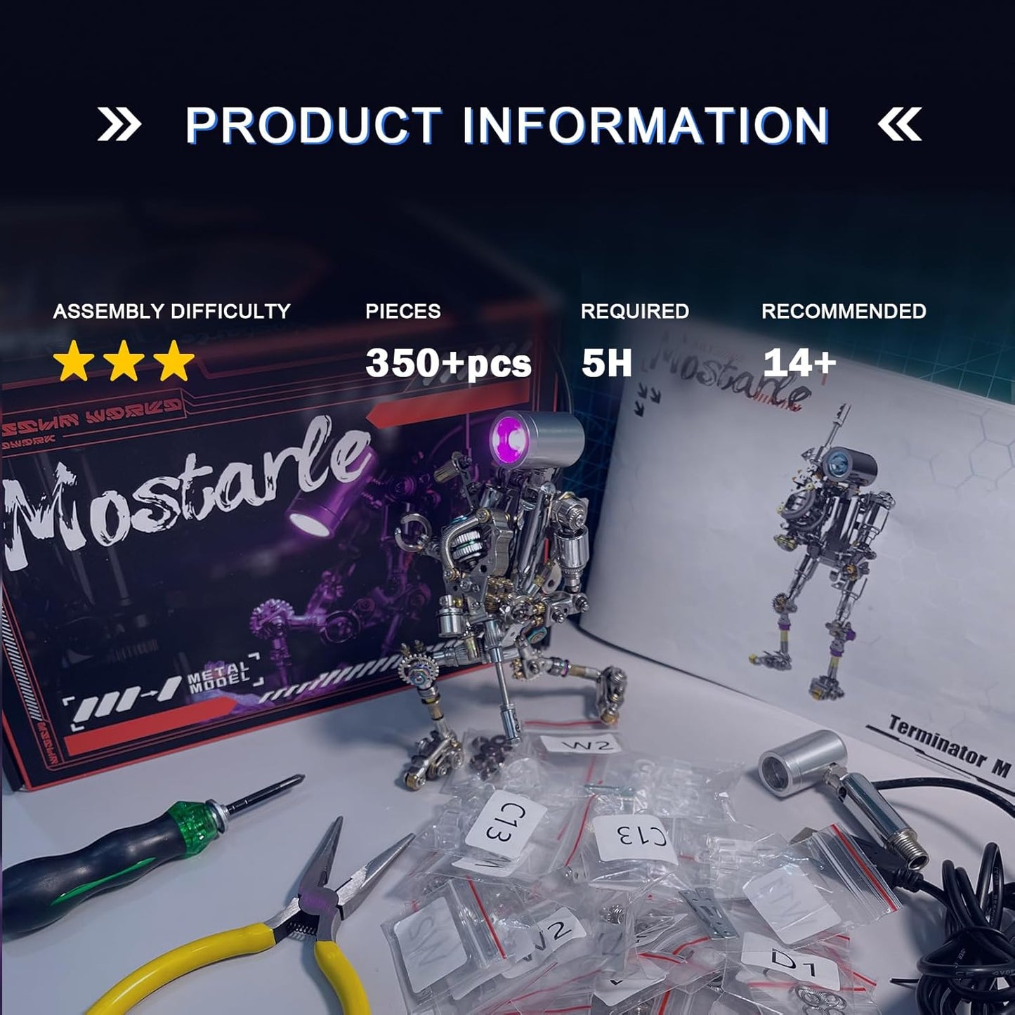 Mostarle Terminator M 3D Metal Puzzle, Arcynix DIY Mechanical Robot Model Kit, Sci-Fi Design LED Light Feature Unique Gift for Adults & Teenager (Orange)