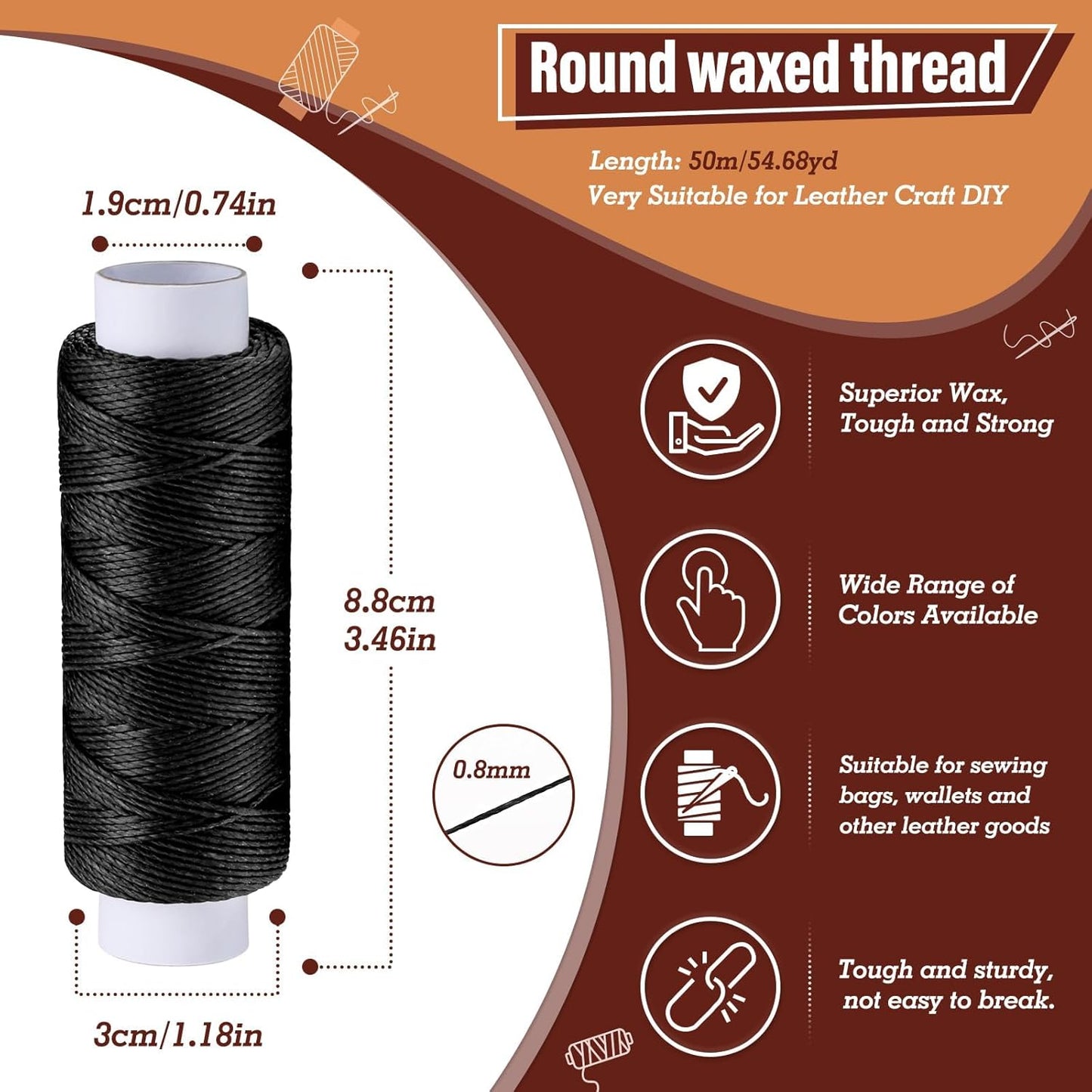 0.8 mm 54 Yards Round Waxed Thread for Leather Sewing, Leather Thread Wax String for Sewing, Stitching, Bookbinding, Bracelet, Braiding (Black)