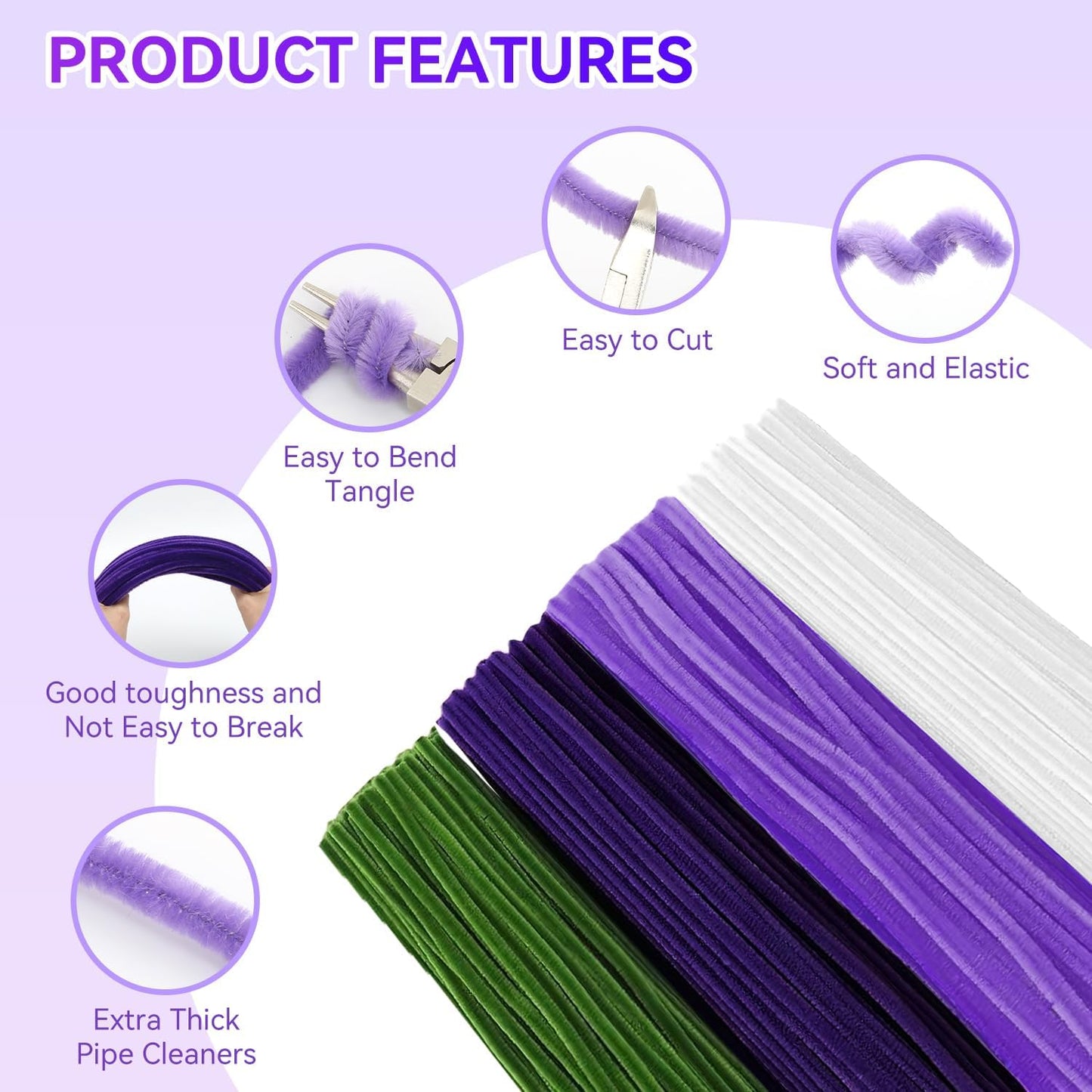 400PCS Purple Pipe Cleaners Bulk – 4 Colors Chenille Stems for Crafts, DIY Art Supplies, Fuzzy Sticks for Crafting Flowers, Wedding & Valentine's Day Decorations, Kids School Craft Kit