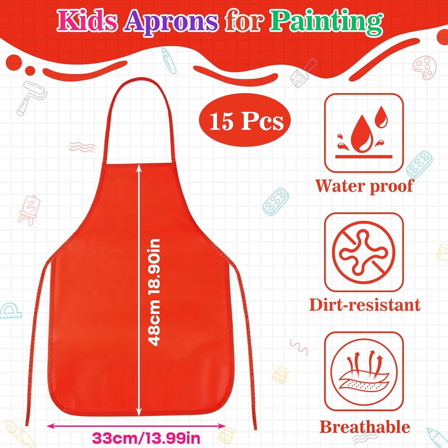 PLULON 15 Pcs Kids Apron Painting Aprons, Kids Aprons for Painting Red Apron Art Apron Smocks Bulk for Art Activity Craft Home Kitchen Classroom Party Supplies