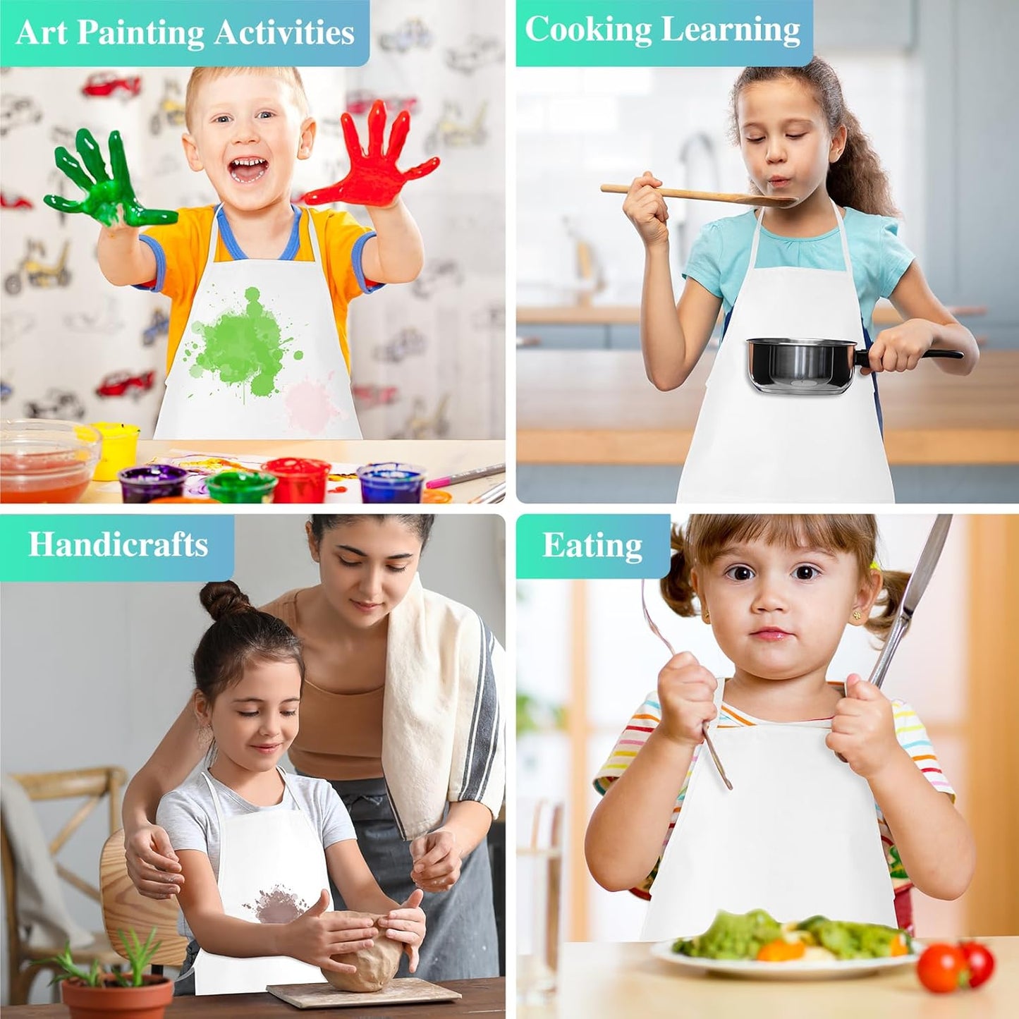 24 Pieces White Kids Painting Aprons Kids Art Aprons with 2 Roomy Pockets Kids Aprons for Art Painting Activity Kitchen Crafts