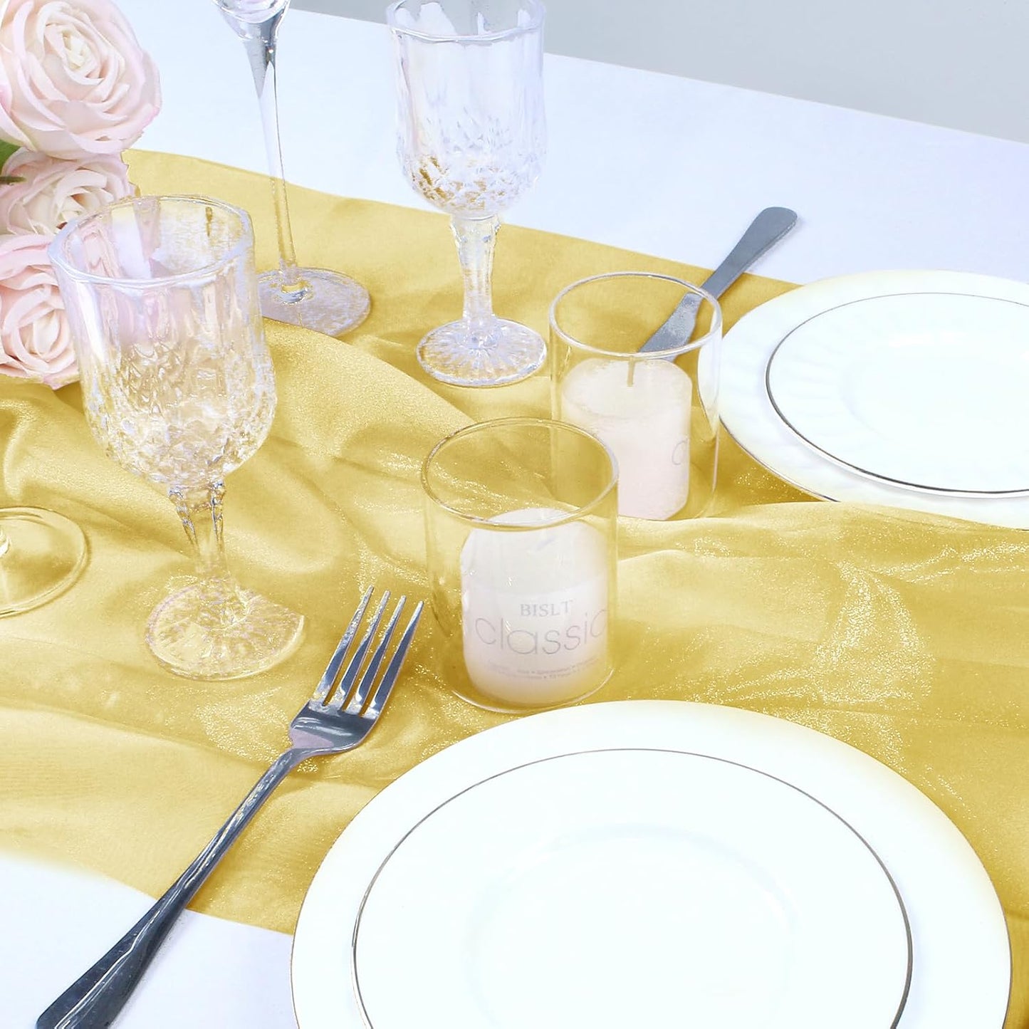 VACVELT Sheer Organza Fabric by The Yard, 60 Inch Wide Gold Organza Fabric Bolt Bridal Sheer Tulle Fabric, Silk Organza Roll for Wedding Party Decorations Backdrop Curtain (1 Yard)