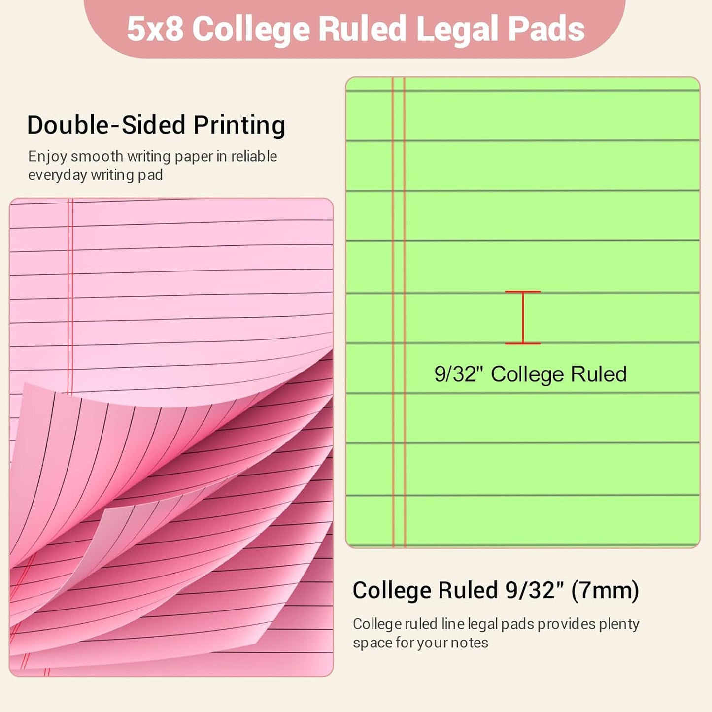 Legal Pads 5x8 Colored Note Pads, 4 Pack College Ruled Notepads 5x8 Lined Paper, Colored Notebook Paper Writing Pads 30 Sheets per Colored Paper Small Legal Pads 5x8 for Home Office School Supplies