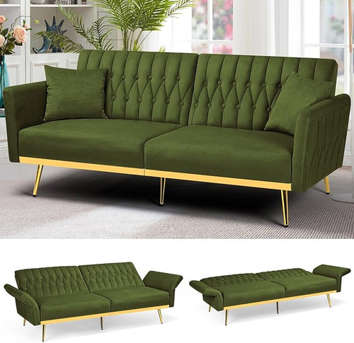 70” Velvet Futon Sofa Bed w/Adjustable Armrests & 2 Pillows, Convertible Futon by ACMEASE
