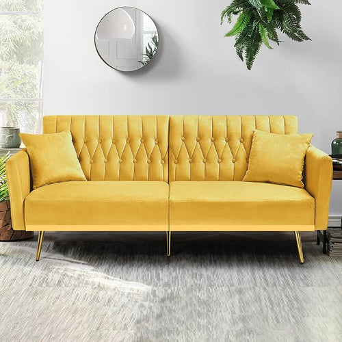 70” Velvet Futon Sofa Bed w/Adjustable Armrests & 2 Pillows, Convertible Futon - Image 2