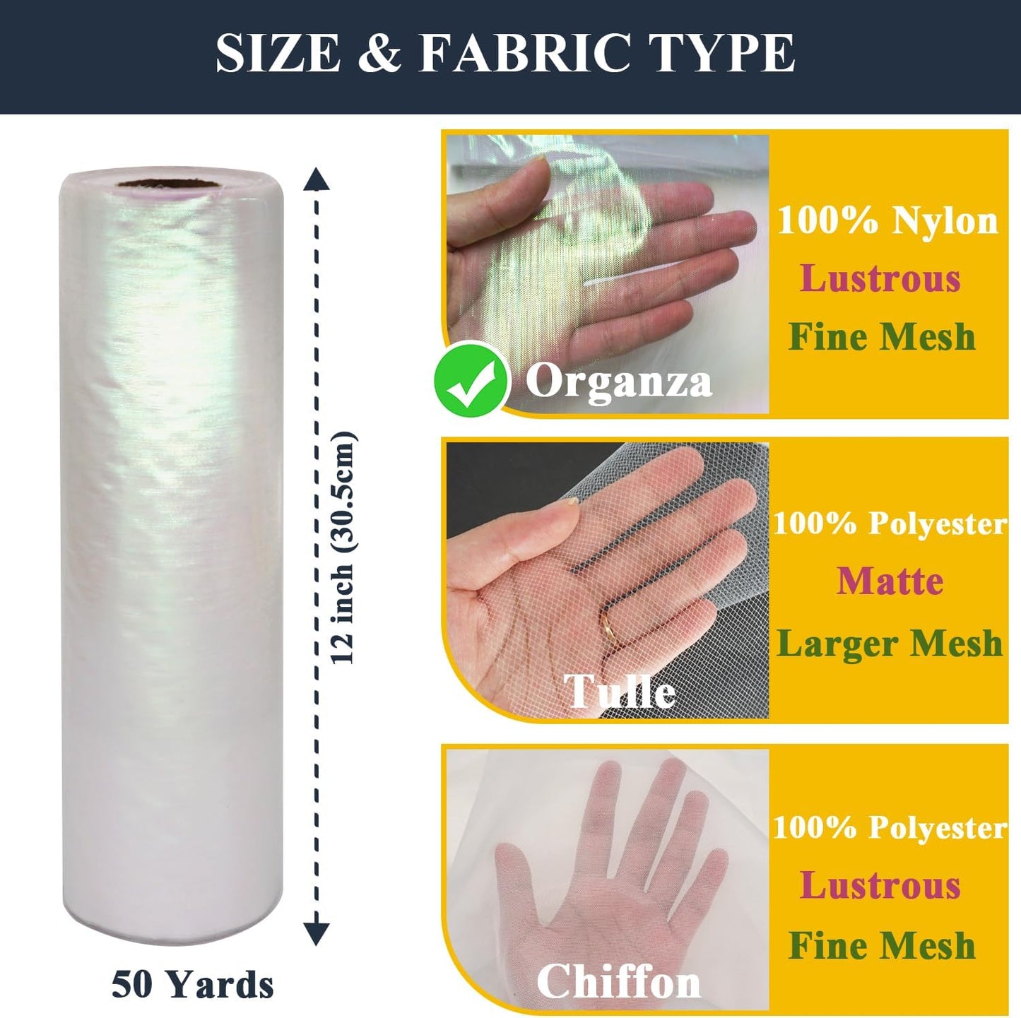 Organza Fabric Tulle Rolls 12 Inch 50 Yards (150 feet) Crystal Sheer Silky Shiny Netting Spool Bolt for DIY Craft Table Runner Wedding Baby Shower Decor Gift Wrapping Party Supplies (Iridescent White)