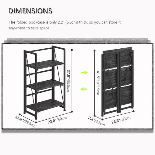 4NM No Assembly Folding Bookshelf Storage Shelves 3 Tiers Vintage Bookcase - Image 2