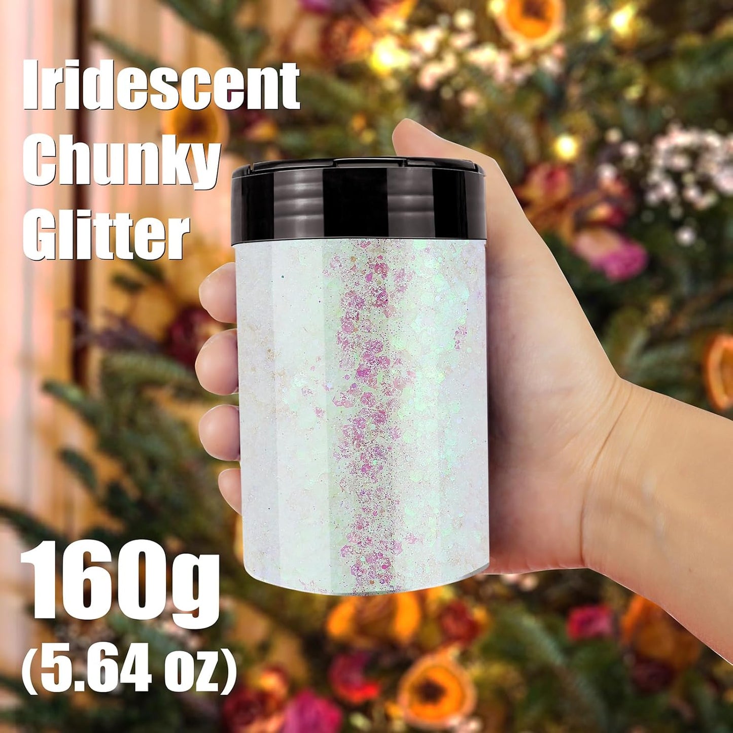Holographic Chunky Glitter, 160G/5.64OZ, Mixed Fine & Chunky for Epoxy Resin, Iridescent for Crafts Tumblers, Halloween/Christmas Festival Painting Decor (Pearl White)
