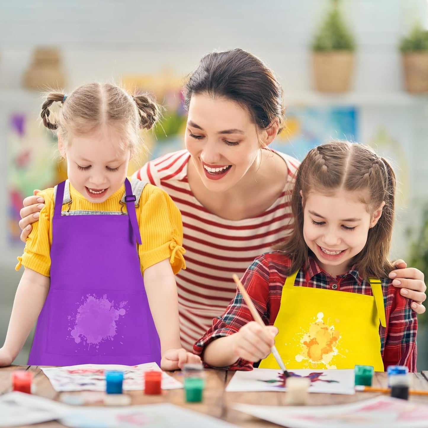 6 Pack Kids Apron bulk with 2 Pockets Adjustable Chef Art Apron Kids Painting Aprons for Cooking Baking Painting Crafting Grilling Activity（6 Color）