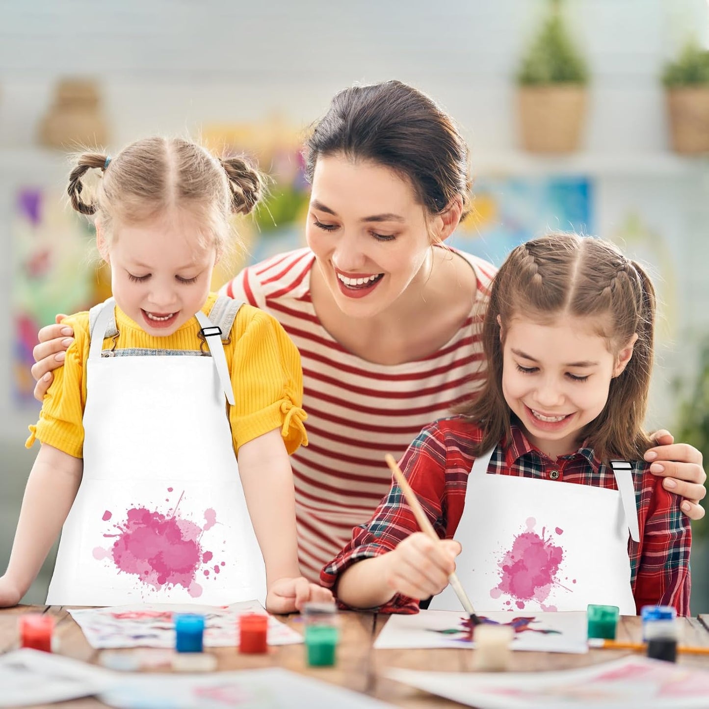 36 Pack Kids Apron bulk with 2 Pockets Adjustable Chef Art Apron Kids Painting Aprons for Cooking Baking Painting Crafting Grilling Activity（White）