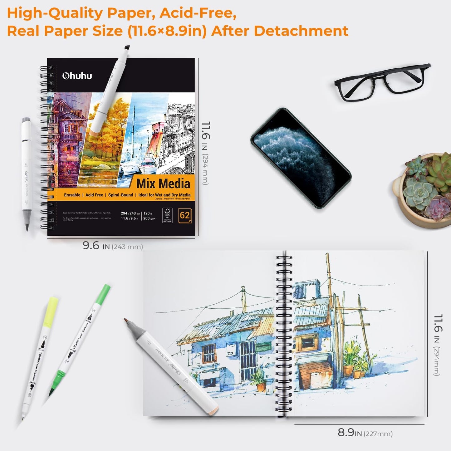 Mix Media Pad, Ohuhu Mixed Media Art Sketchbook, 120 LB/200 GSM Heavyweight Papers, 62 Sheets/124 Pages, Spiral Bound Mixed Media Paper Pad for Christmas Gift