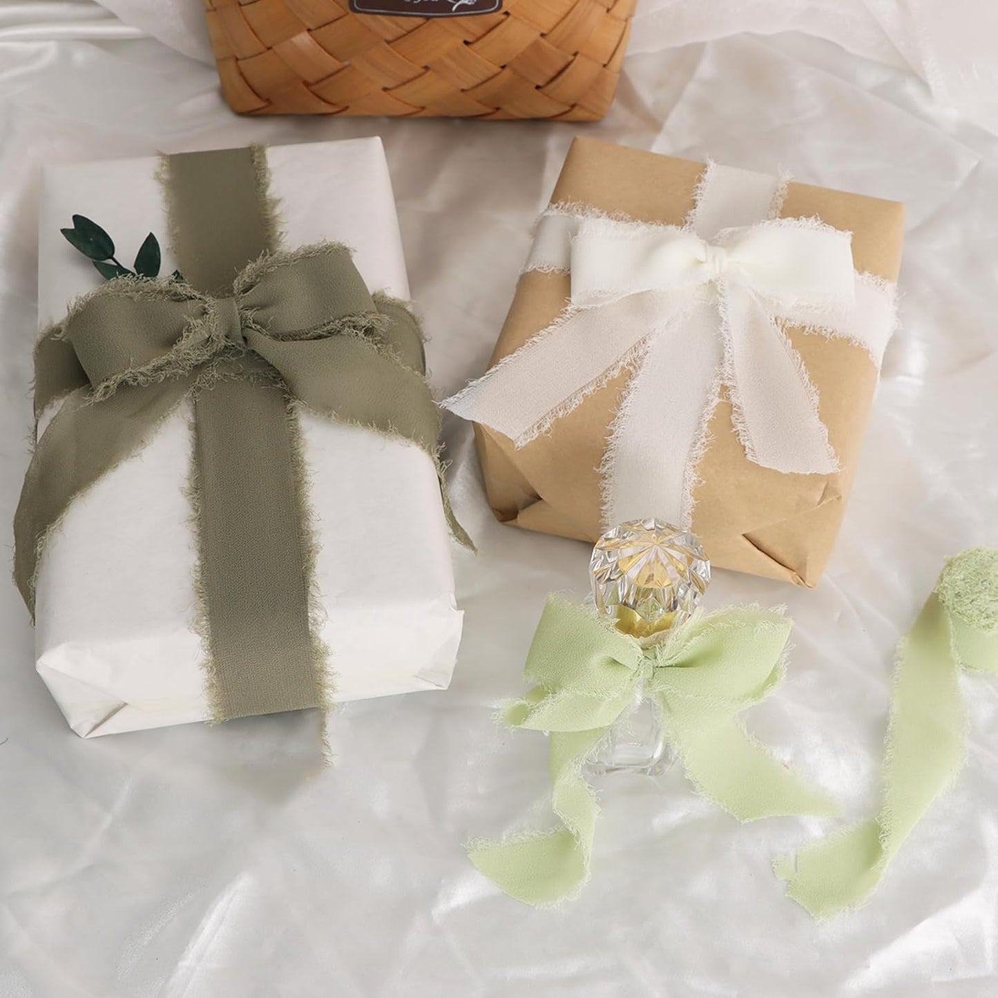 TONIFUL 4 Rolls Silk Chiffon Ribbon, 1-1/2 Inch x 22yds, Beige and Cream Chiffon Ribbons Set, Handmade Fringe Silk Ribbon for Gift Wrapping Bridal Bouquets Wedding Invitations Decoration Crafts