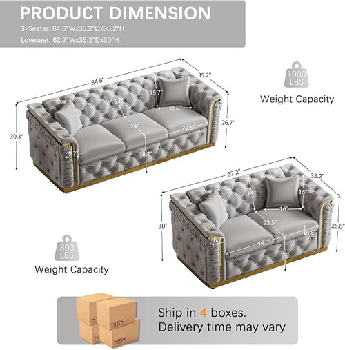 2 Piece Velvet Chesterfield Sofa Luxury Tufted Sofa Black and Gold Couch Set - Image 2