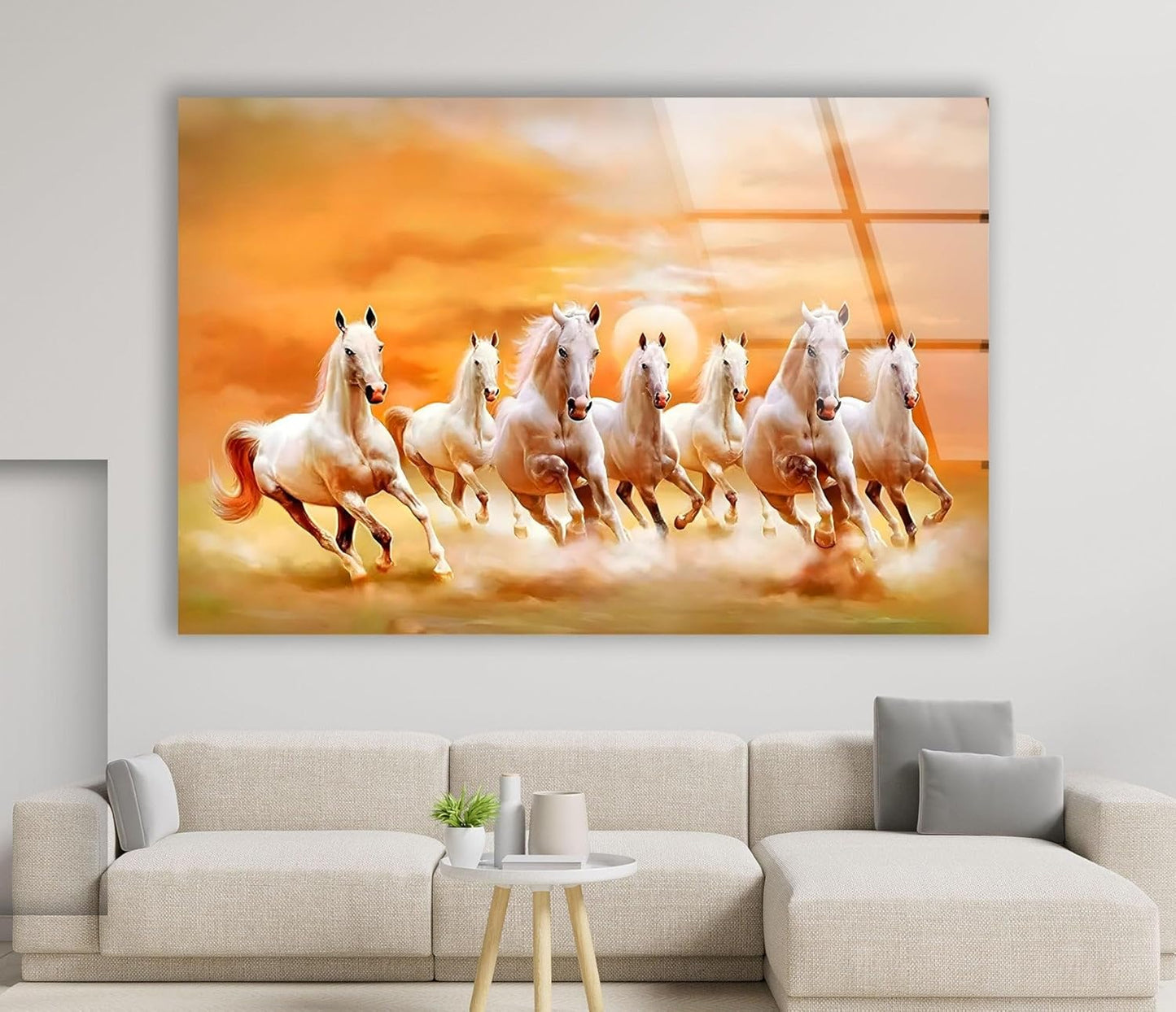 My Photostation.com Round 31,5'' White Horses Running on Sunset Glass Wall ArtTempered Glass Printing Wall Decor Large Wall Art Wall Hangings