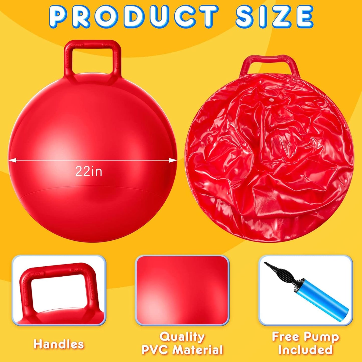 Lewtemi 3 Pcs 22 Inch Bouncing Ball with Handle, Outdoors Hopper Jumping Hopping Ball and Air Pump for Sports Exercise (Red, Blue, Yellow)