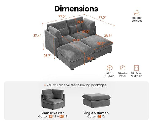 77" Oversized Chenille Couch Modular Sectional Sofa, Washable Cloud Couch - Image 2