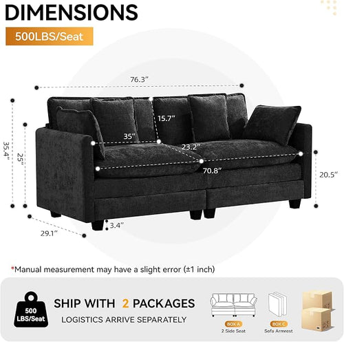 76'' Cloud Deep Seat Loveseat, Upholstered Chenille Modular 2-Seats Sectional - Image 2