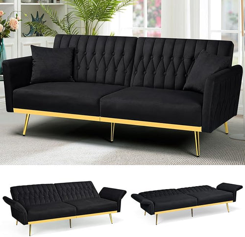 70” Velvet Futon Sofa Bed with 2 Pillows and Adjustable Armrests, Convertible by ACMEASE