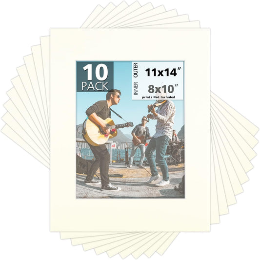 Mat Board Center, Pack of 10, 11x14 for 8x10 Ivory Turret Color Mats - Bevel Cut, Acid Free, 4-ply Thickness, White Core - for Pictures, Photos, Framing