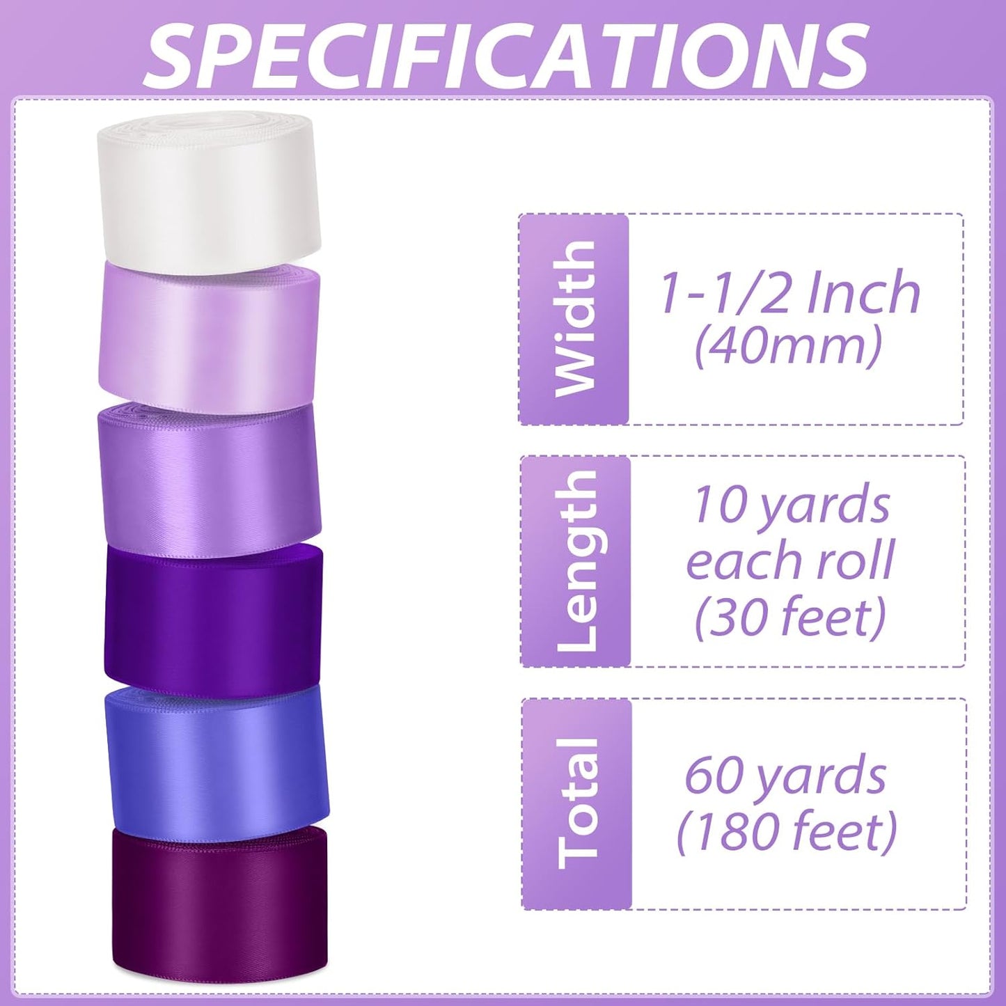 1-1/2 Inch Purple Satin Ribbons for Crafts, 6 Rolls Single-Faced Purple Assorted Ribbons for Gift Wrapping Flower Bouquet Wedding Invitations Bridal Shower Hair Bows Garland Party Decor