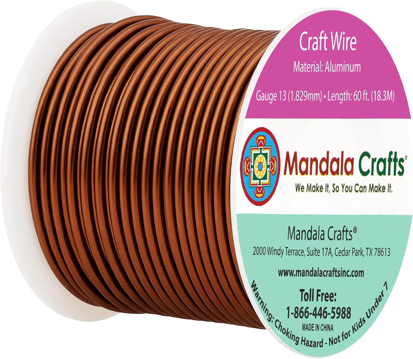 Mandala Crafts 13 Gauge Anodized Aluminum Craft Wire for Jewelry Making - 60 FT Colored Flexible Brown Wire - Bendable for Bonsai Armature Crafting Sculpting