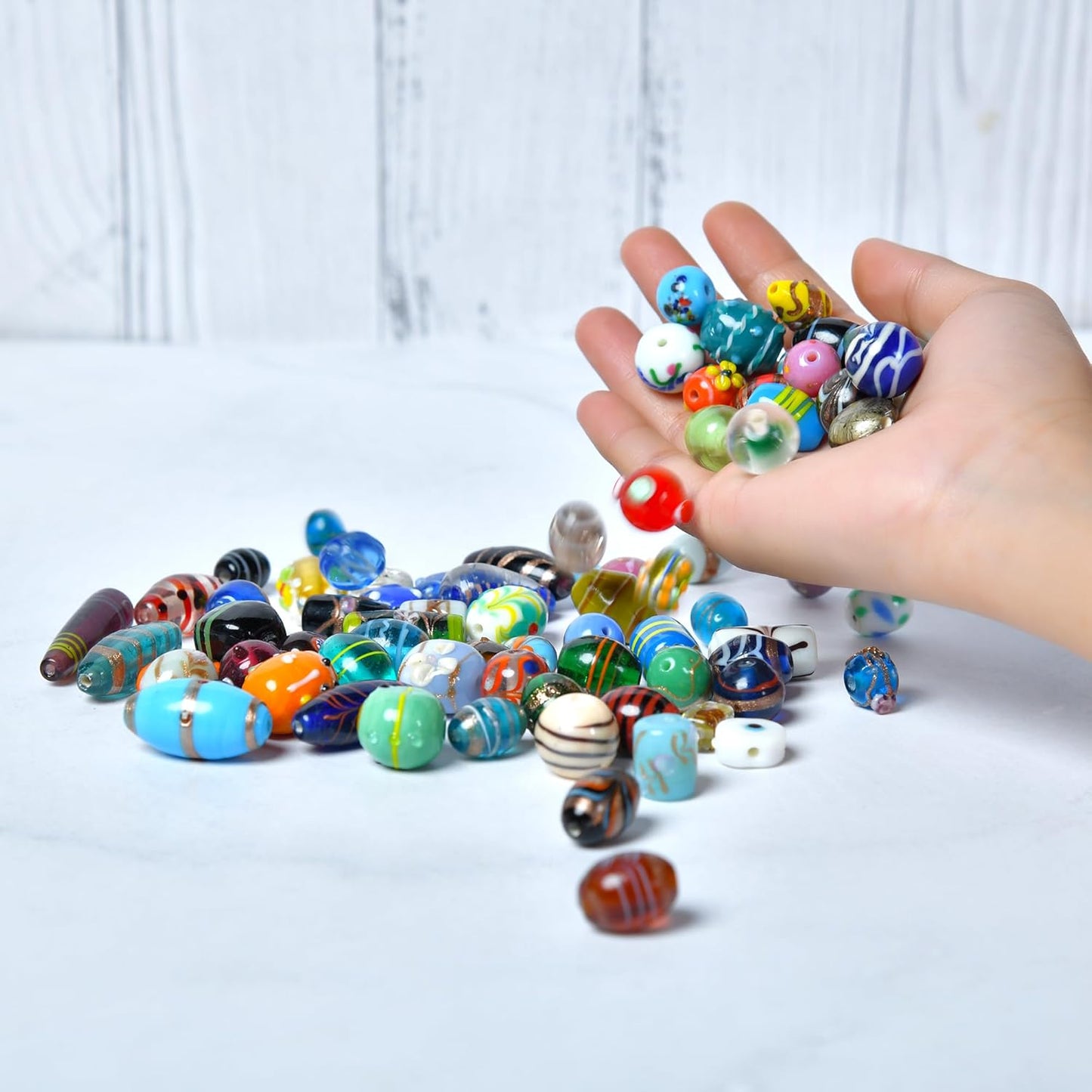 1 LB Bag of Assorted Glass Beads for Jewelry Making, Lampwork Murano Bead Mix for Bracelets and Necklaces, Crafting Beads Supplies Kit, Large & Small Beads (Assorted 200)