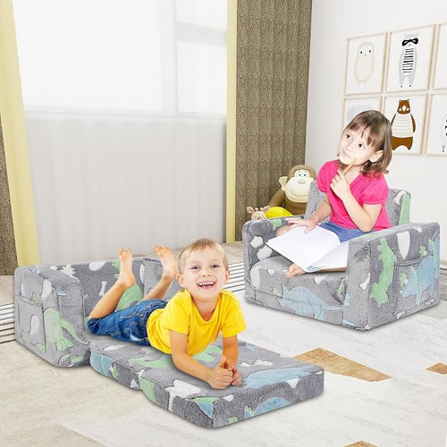 2-in-1 Soft Plush Toddler Couch & Chair – Fold Out Convertible Sofa to Lounger - Image 2