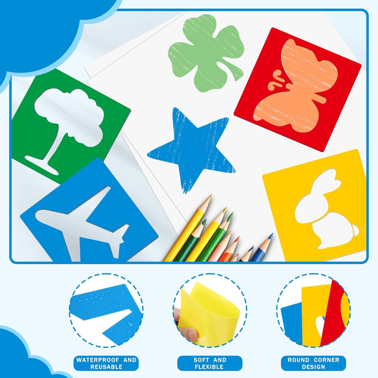 24 Pieces Stencils for Kids,Large Drawing Stencils Chalk Template,8 Inches Washable Shape Template Kit for Crafts,Painting Drawing for Kids Toddlers Preschool(Primary, 8 inch)