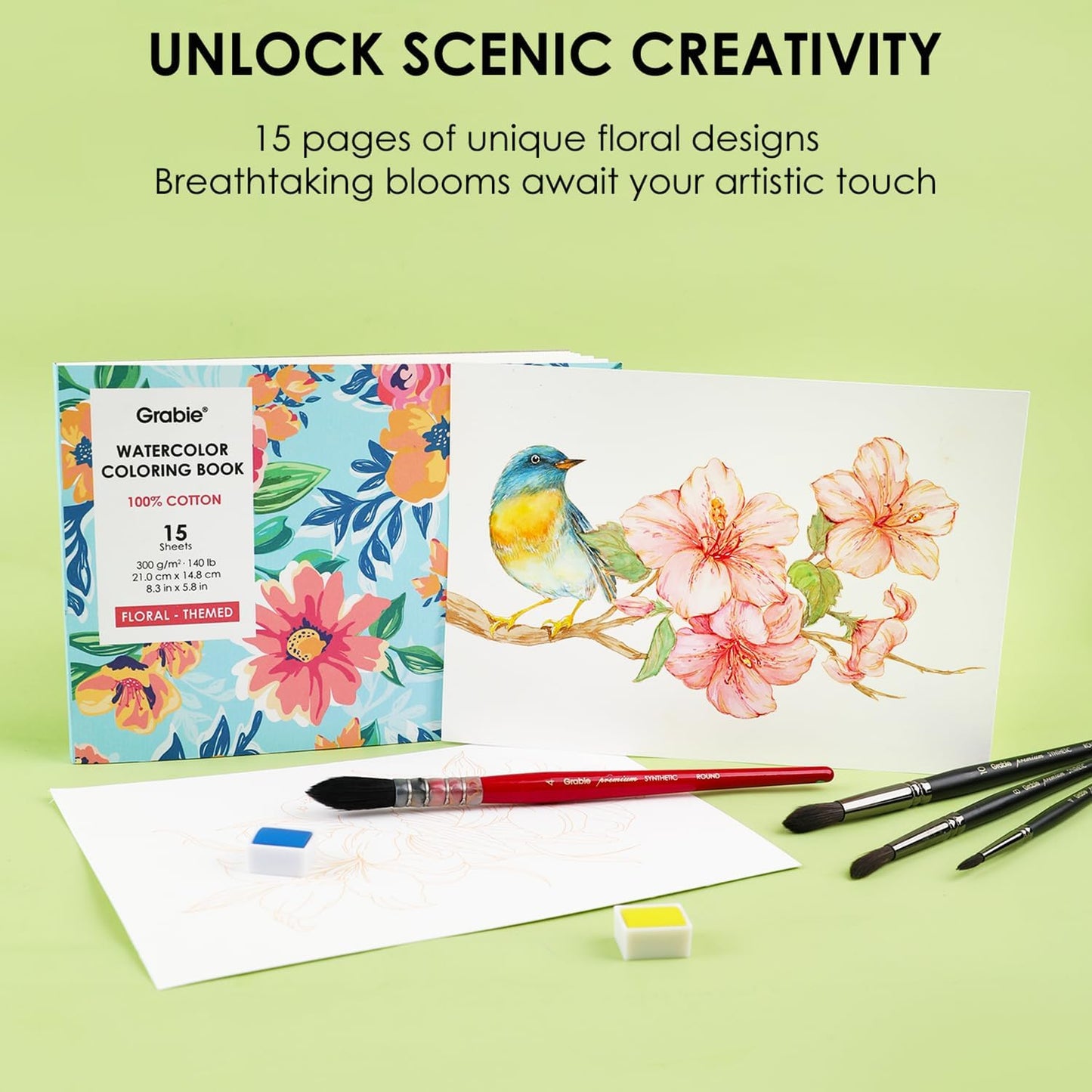 Grabie Watercolor Coloring Book, 15 Sheets Art Pad A5 (8.3 x 5.8), Cotton Watercolor Book for Adults(Floral)