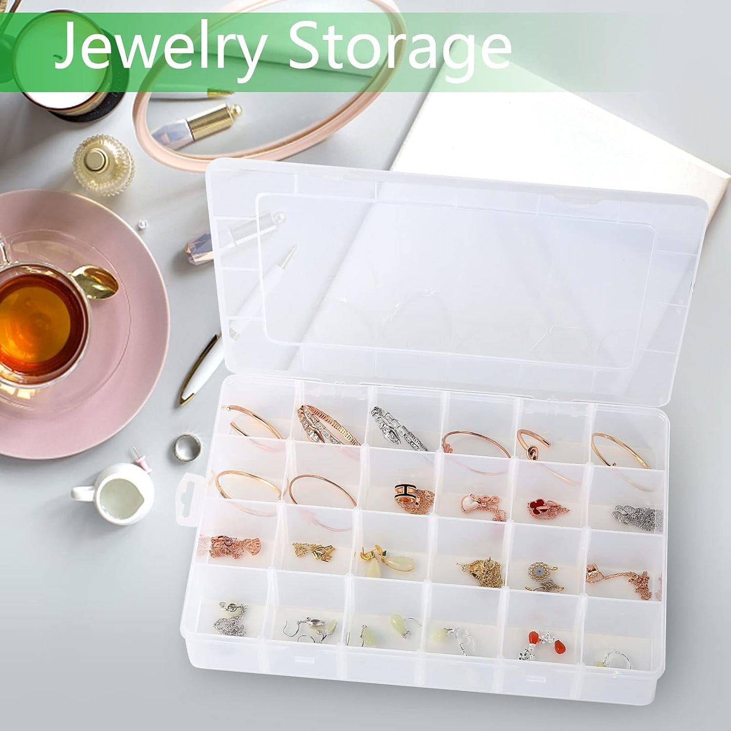 Large 24 Grids Plastic Organizer Box Adjustable Dividers,Clear Storage Box for Jewelry, Art DIY Crafts, Washi Tapes, Beads and Small Parts(2 Pack)